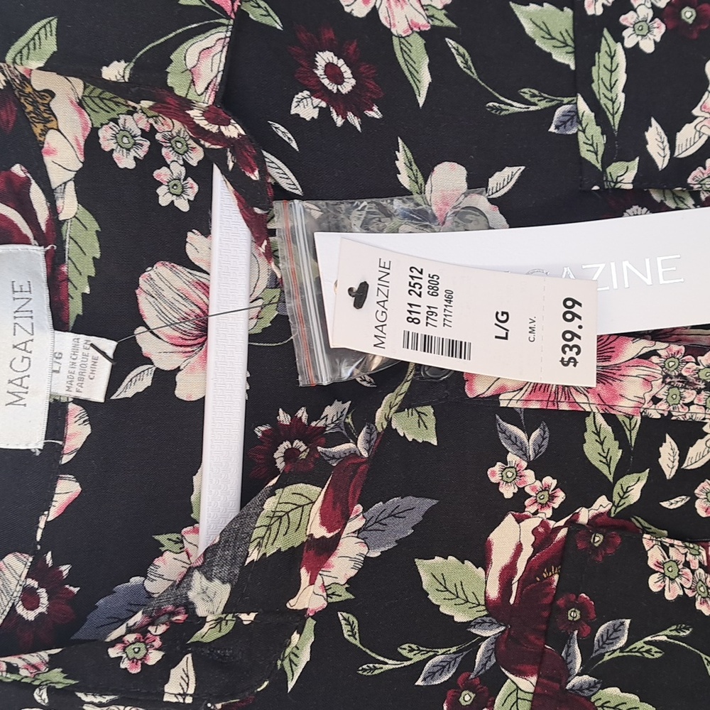 NWT MAGAZINE Black Floral Blouse with Pink and Cream Accents & Drawstring Waist - Picture 3 of 8